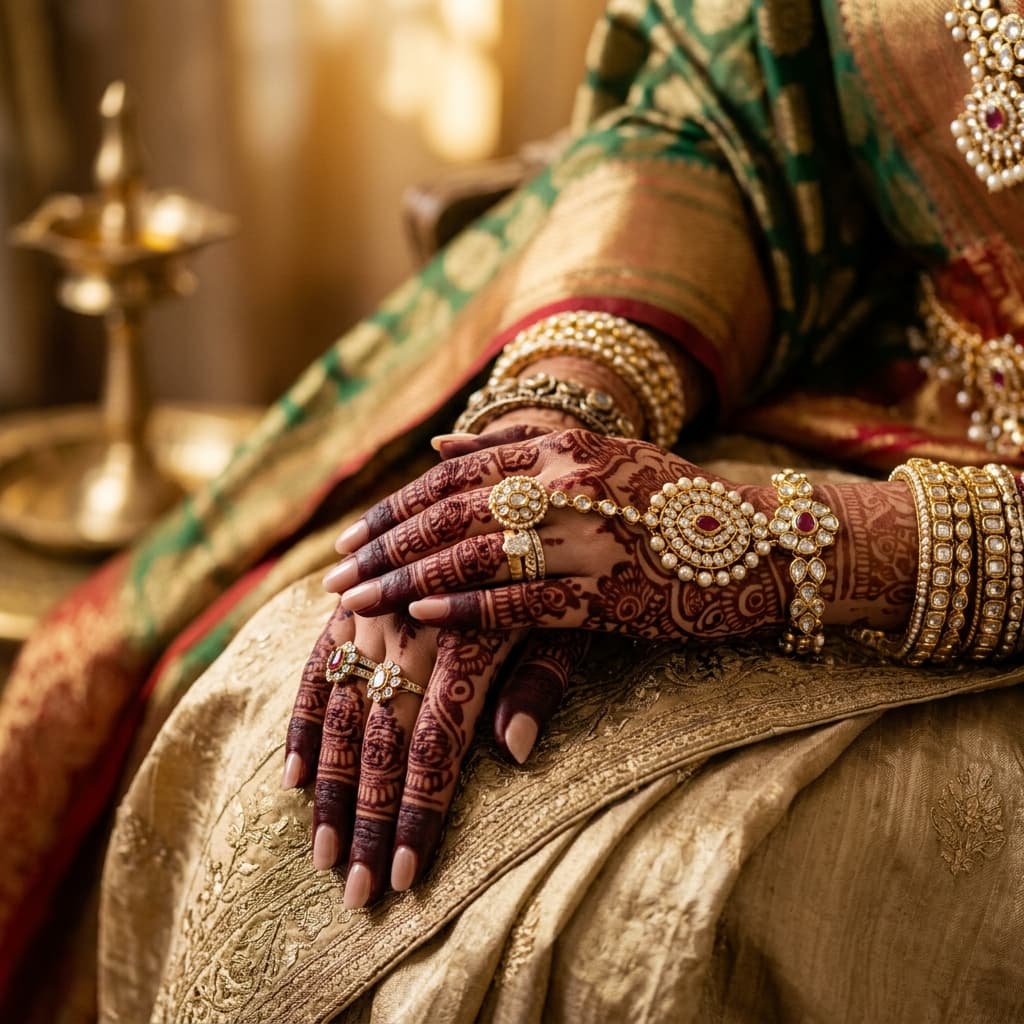Bridal henna on a bride's hands, resting on a gold sari