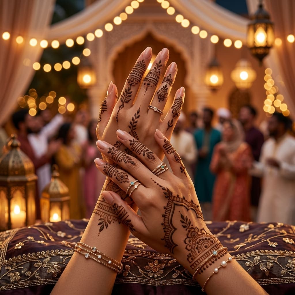 Henna-patterned hands raised under festive lanterns